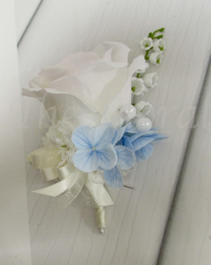 Baby blue wedding flowers, baby blue corsage with pearls